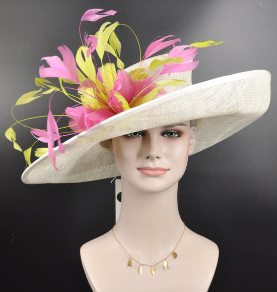 Sinamay Derby Hat: Ivory Wide Brim Feather Church Hat