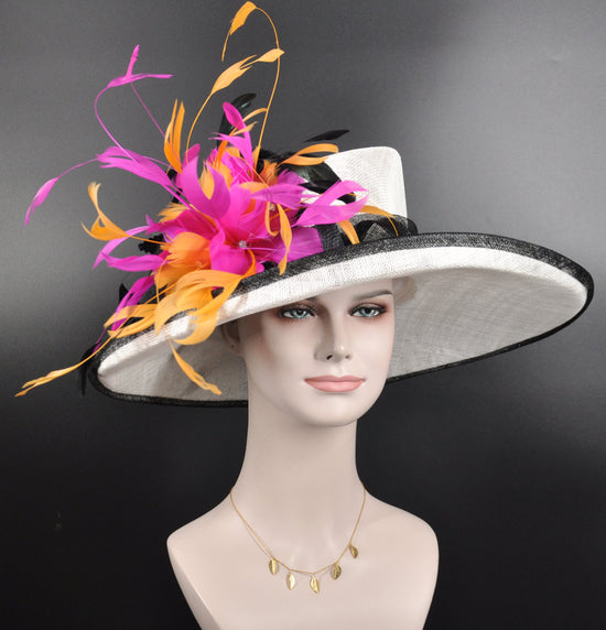 White Black Fuchsia Pink Orange Wide Brim Kentucky Derby Hat, Ascot Hat for Wedding Tea Party, Garden Party Hat, Mother of the Bride,Church