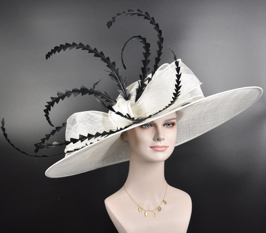 White Black Wide Brim Kentucky Derby Hat, Ascot Hat for Wedding & Tea Party, Garden Party Hat, Mother of the Bride,Church