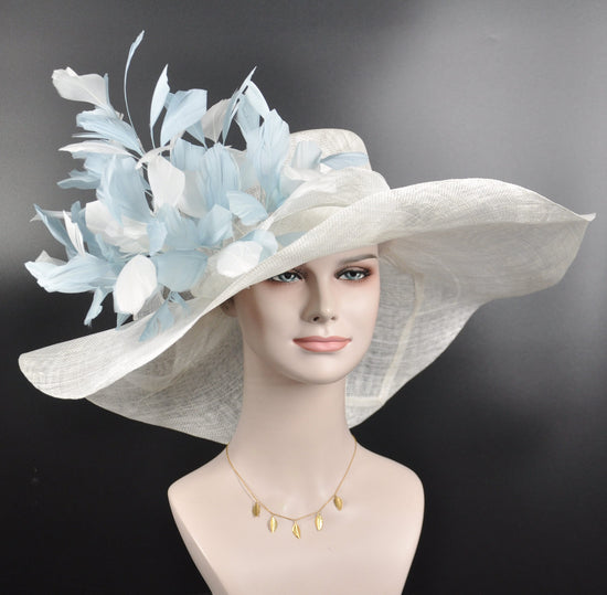Wide Brim Kentucky Derby Hat, Ascot Hat for Wedding & Tea Party, Garden Party Hat, Mother of the Bride, Church White Powde Blue