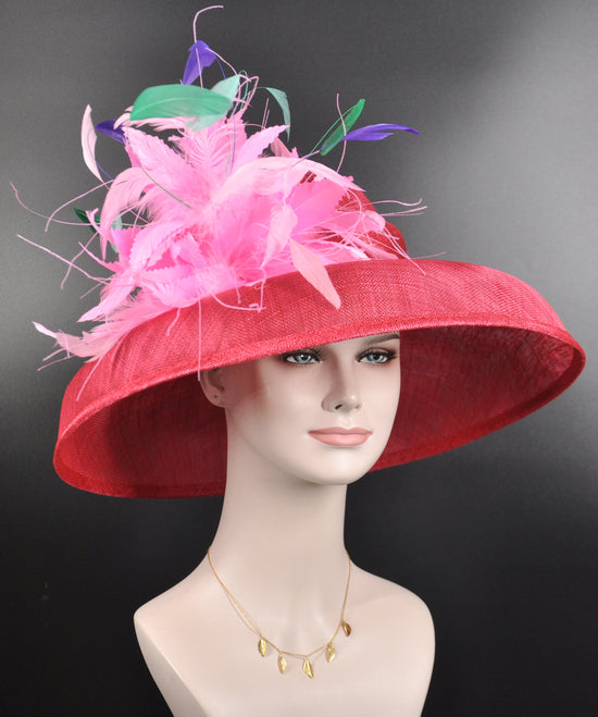 Audrey Hepburn Red Lily Pink Green Wide Brim Sinamay Hat for Kentucky Derby,Ascot Royal, Tea Garden Party,Easter Day,Mother of The Bride