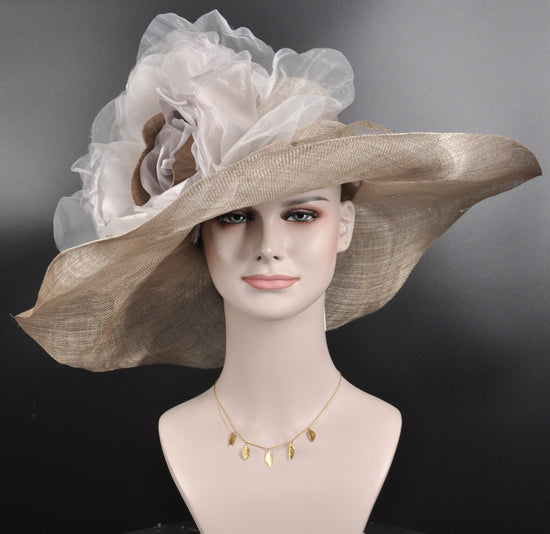 Taupe Jumbo Silk Flower Sinamay Hat, Wide Brim Dress Hat