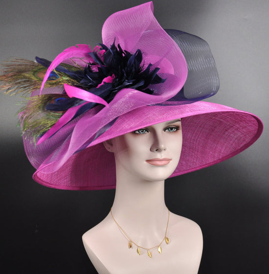 Hot Pink Navy Blue Peacock Feather Wide Brim Kentucky Derby Hat,Ascot Hat for Wedding Tea Party,Garden Party Hat,Mother of the Bride,Church