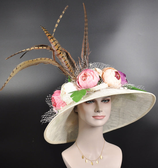 Ivory Flower Style Wide Brim Kentucky Derby Hat, Ascot Hat for Wedding & Tea Party, Garden Party Hat, Mother of the Bride, Church