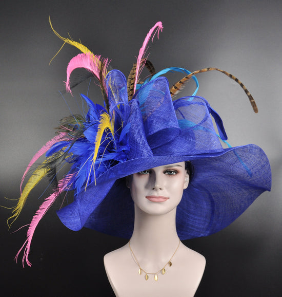 Royal Blue Pink Yellow Pheasant Wide Brim Kentucky Derby Hat, Ascot Hat for Wedding & Tea Party, Garden Party Hat,Mother of the Bride,Church