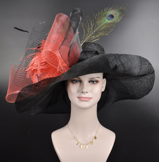 Black Sinamay Derby Hat: Coral Pink Feather Flower Bow