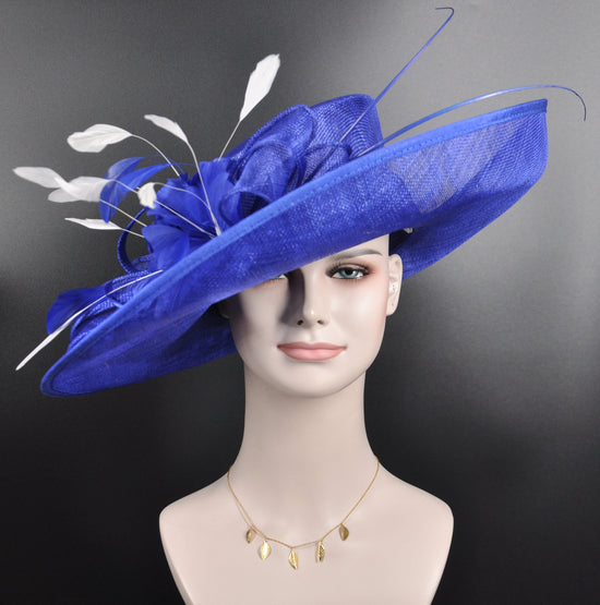 Royal Blue White Wide Brim Sinamay Hat For Kentucky Derby, Ascort Royal, Mother of the Bride, Tea Wedding Garden Party Hat, Church Hat