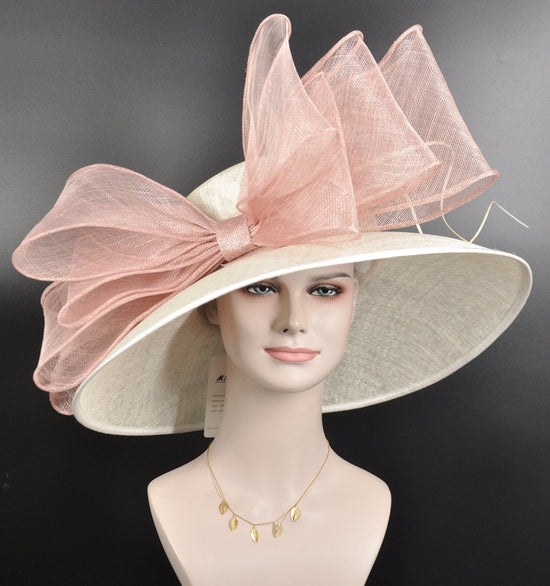 Wide Brim Kentucky Derby Hat, Ascot Hat for Wedding & Tea Party, Garden Party Hat, Mother of the Bride, Church Ivory/Off White Blush Pink