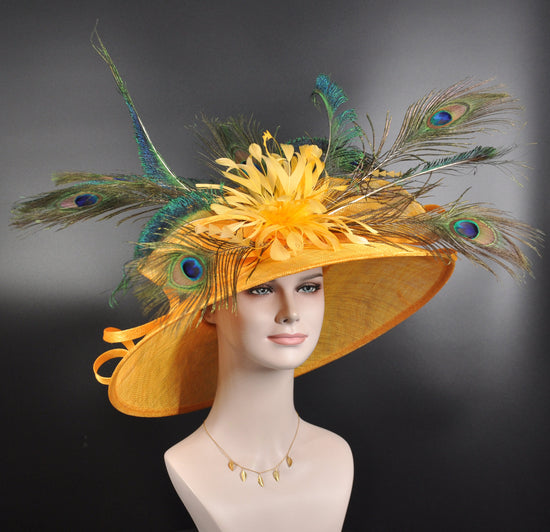 Orange Peacock Feathers Wide brim Sinamay Hat For Kentucky Derby Party,Ascot Royal Party, Wedding Tea Garden Party,Chuch,Mother of the Bride