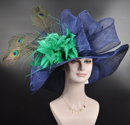 Navy Blue Green Wide Brim Sinamay Hat for Kentucky Derby,Ascot Royal, Tea Garden Party,Easter Day,Mother of The Bride Elegant Occasion Hat