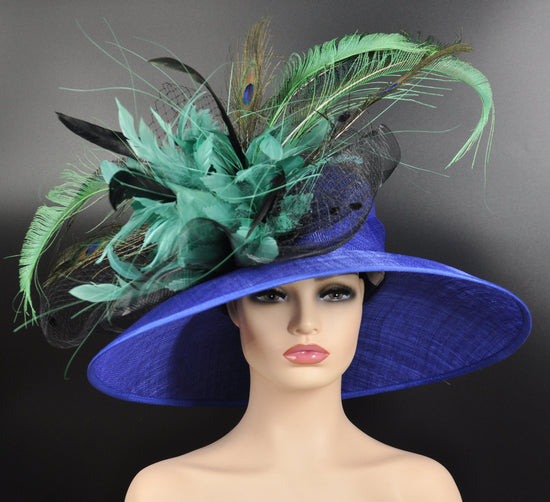 Royal Blue Derby Hat: Sinamay Wide Brim with Peacock Feathers