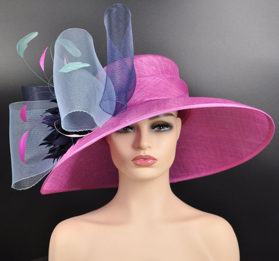 Wide Brim Sinamay Derby Hat: Pink, Navy, & Turquoise Ascot Fascinator