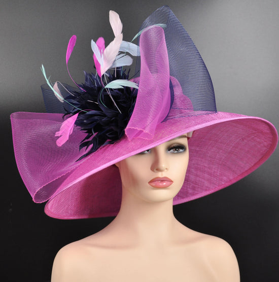 Sinamay Derby Hat: Hot Pink Wide Brim Feather Ascot Hat