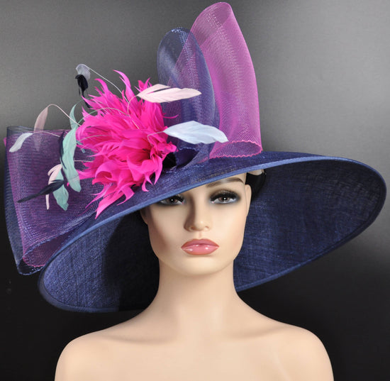 Wide Brim Sinamay Kentucky Derby Hat, Fuchsia & Navy