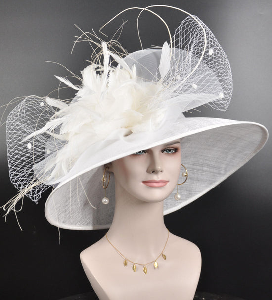 White Feather Flower Ostrich Quill Wide Brim Kentucky Derby Hat,Ascot Hat for Wedding Tea Party, Garden Party Hat,Mother of the Bride,Church