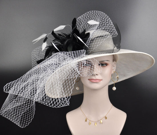 White Black Feather Wide Brim Kentucky Derby Hat,Ascot Hat for Wedding & Tea Party, Garden Party Hat, Mother of the Bride, Church