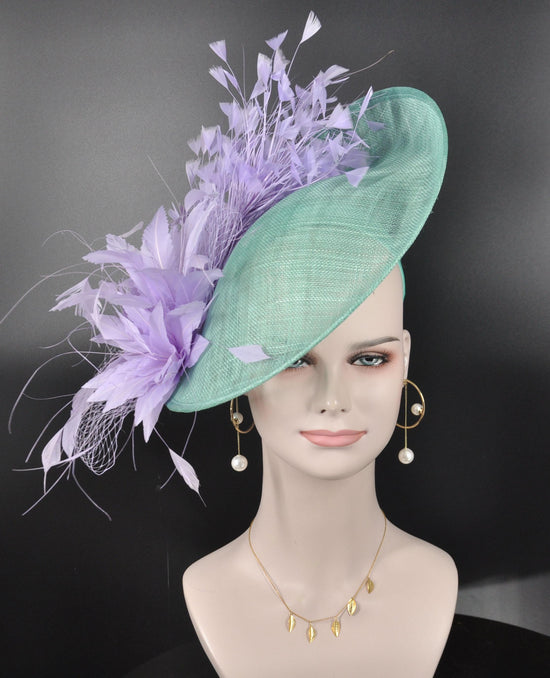 Turquoise Fascinator Hat: Lavender Feather Flower Derby Hat