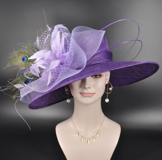 Purple Lilac Peacock Feather Wide Brim Kentucky Derby Hat,Ascot Hat for Wedding & Tea Party, Garden Party Hat, Mother of the Bride, Church