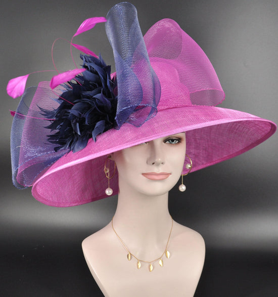 Wide Brim Kentucky Derby Hat, Ascot Hat for Wedding & Tea Party, Garden Party Hat, Mother of the Bride, Church Fuchsia Pink W Navy Blue