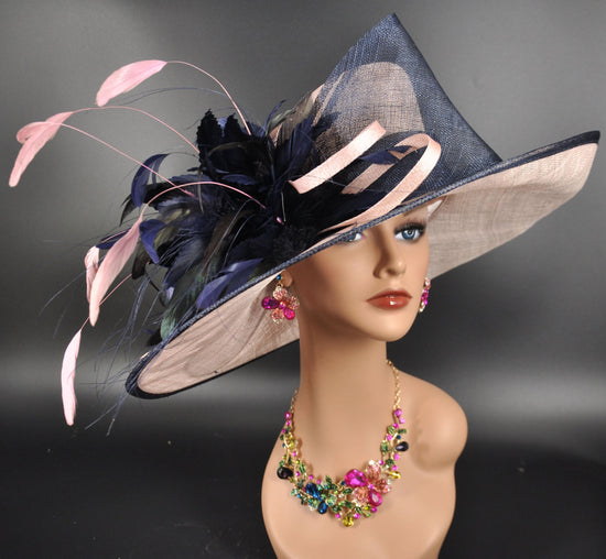 Sinamay Derby Hat: Blush Pink, Navy Feather Flower