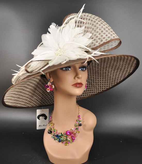 Brown Ivory Polka Dots Wide Brim Sinamay Hat For Kentucky Derby, Ascot Royal Party,Tea Garden Wedding Party, Church, Mother of the Bride