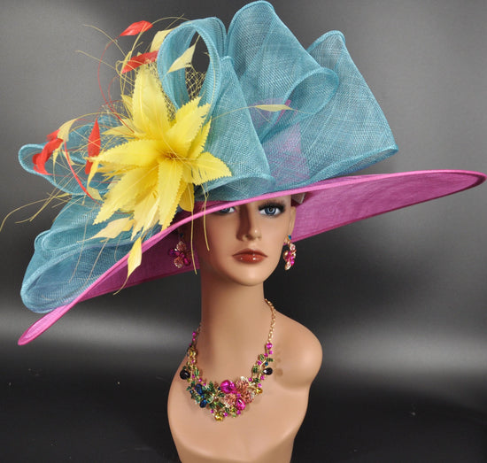 Fuchsia Teal Wide Brim Kentucky Derby Hat, Ascot Royal Party Hat, Tea Wedding Garden Party Hat, Church, Mother of the Bride Hat