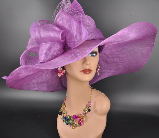 Grape Purple Sinamay Derby Hat: Wide Brim Church Hat