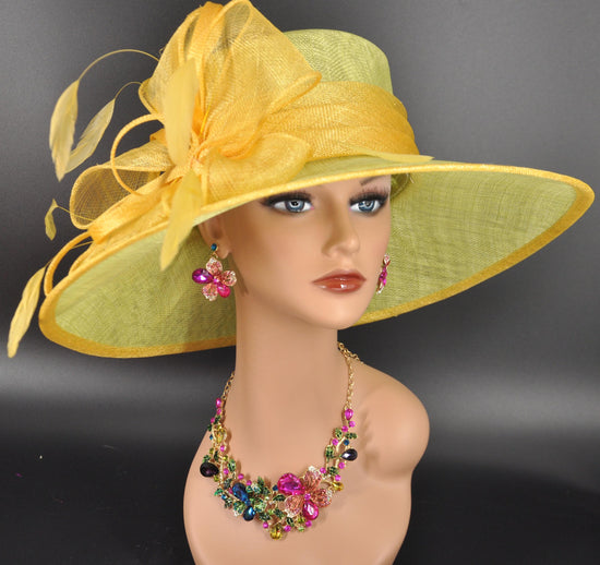 Lime Green Sinamay Derby Hat: Wide Brim Feathered Tea Party Hat