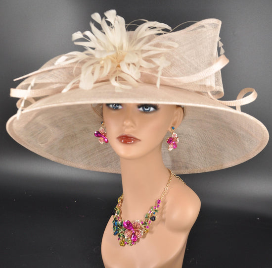Champagne Derby Hat: Sinamay Feather Flower Tea Party Hat