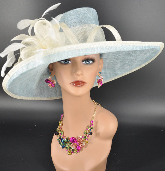 Wide Brim Kentucky Derby Hat, Ascot Hat for Wedding & Tea Party, Garden Party Hat, Mother of the Bride, Church Powder Blue Off White