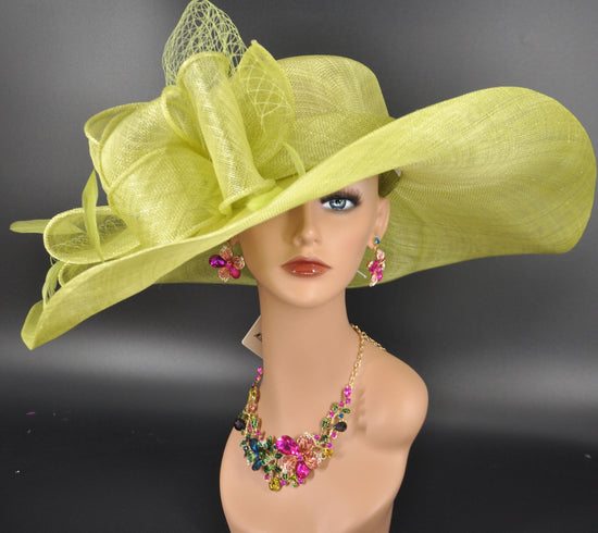 Lime Green Wide Brim Kentucky Derby Hat,Ascot Hat for Wedding & Tea Party, Garden Party Hat, Mother of the Bride, Church