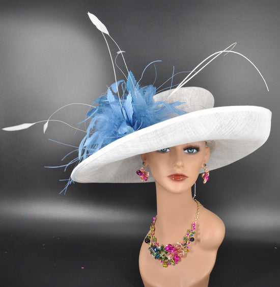 White Blue Wide Brim Kentucky Derby Hat,Ascot Hat for Wedding & Tea Party, Garden Party Hat, Mother of the Bride, Church