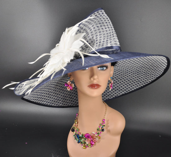 Navy Blue WHite Polka Dots Wide Brim Kentucky Derby Hat,Ascot Hat for Wedding & Tea Party, Garden Party Hat, Mother of the Bride, Church