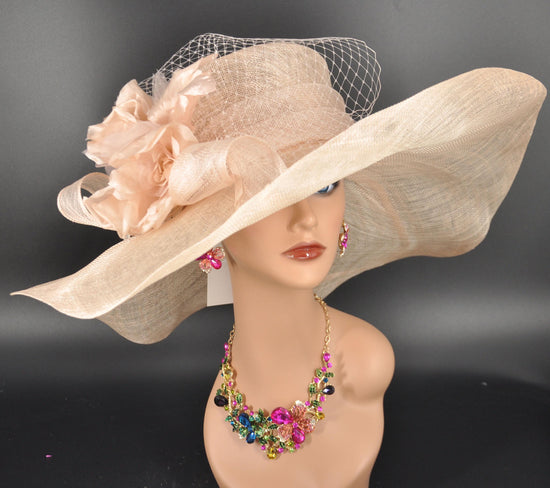Peach Sinamay Derby Hat: Feather Flower Wedding Church Hat
