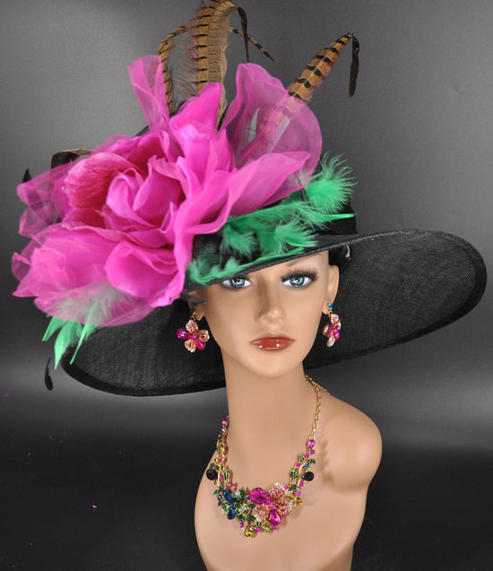 Black, Green, Fuchsia, Pink Wide Brim Kentucky Derby Hat, Ascot Hat for Wedding & Tea Party, Garden Party Hat, Mother of the Bride,Church