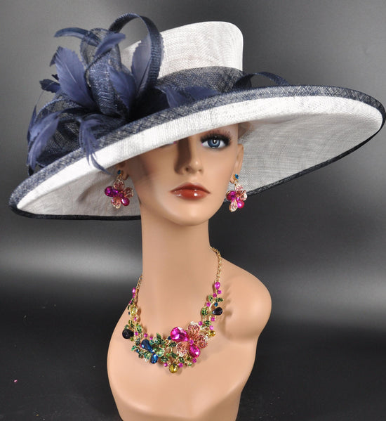 Navy White Wide Brim Kentucky Derby Hat, Ascot Hat for Wedding & Tea Party, Garden Party Hat, Mother of the Bride, Church