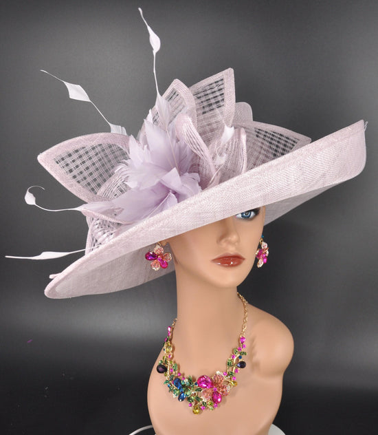 Lilac Sinamay Derby Hat: Feather Flower Wide Brim