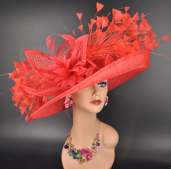 Red Wide Brim Sinamay Derby Hat, Feather & Bow Statement Hat, Ascot Fascinator for Wedding, Church, Tea Party