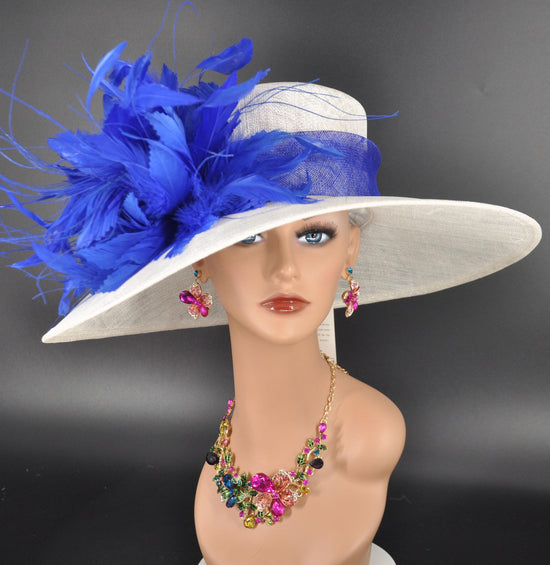 White Royal Blue Feathers Wide Brim Kentucky Derby Hat, Ascot Royal Hat, Tea Garden Wedding Party Hat, Mother of the Bride Hat, Church Hat
