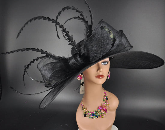 Black Long Feather Bow Style Wide Brim Kentucky Derby Hat,Ascot Hat for Wedding & Tea Party, Garden Party Hat, Mother of the Bride, Church