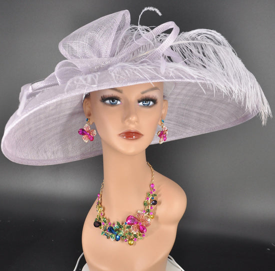 Lilac Rhinestone Bow & Ostrich Feather Wide Brim Sinamay Hat For Kentucky Derby Party, Wedding Tea Garden Party, Ascot Royal Party Church