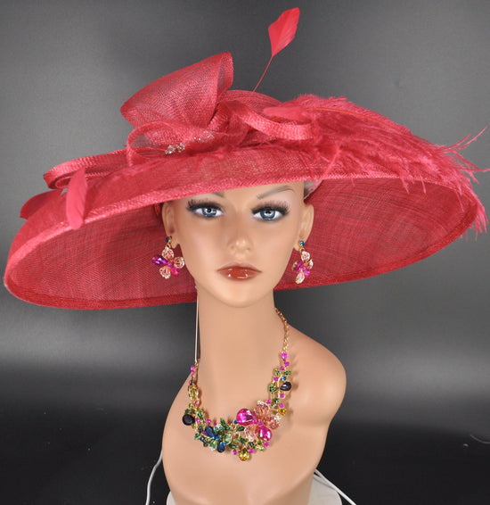 Red Sinamay Wide Brim Hat, Rhinestone Bow & Ostrich Feather