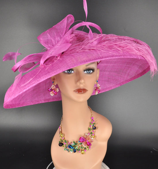 Fuchsia Hot Pink Wide Brim Sinamay Kentucky Derby Hat, Feather Bow Ascot Hat, Statement Wedding Race Day Hat,Tea Party&Garden Party Hat