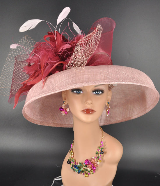 Sinamay Dome Hat: Audrey Hepburn Style, Blush Pink, Burgundy Bows