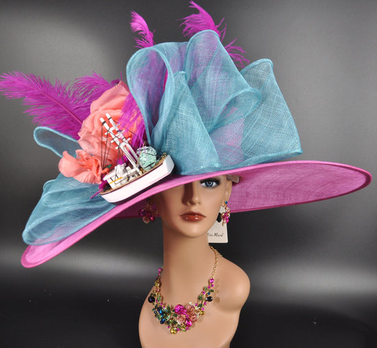 Fuchsia, Teal, and Coral Wide Brim Kentucky Derby Hat, Ascot Hat for Wedding & Tea Party, Garden Party Hat, Mother of the Bride, Church