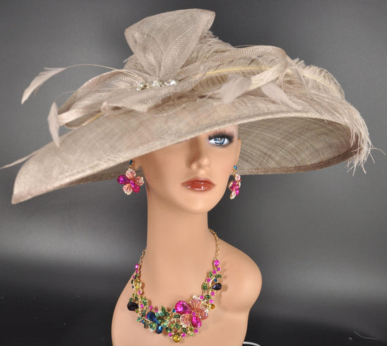 Taupe Wide Brim Kentucky Derby Hat, Ascot Hat for Wedding & Tea Party, Garden Party Hat, Mother of the Bride, Church, Ostrich Feather Style