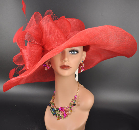 Red Sinamay Derby Hat: Wide Brim Wedding Church Hat