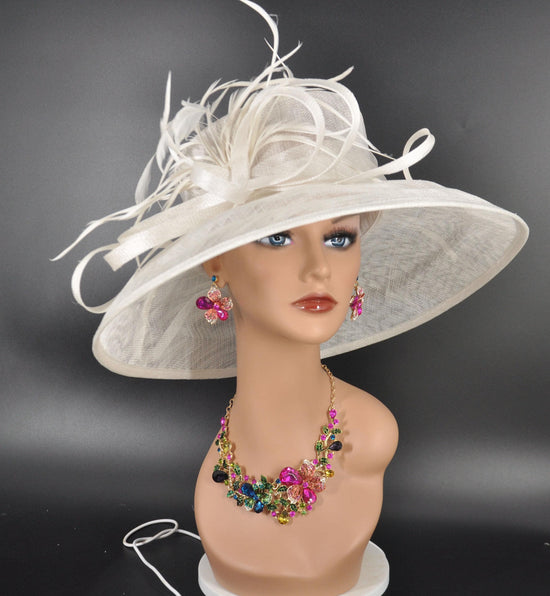WHite Feather Flower Wide Brim Kentucky Derby Hat, Ascot Hat for Wedding & Tea Party, Garden Party Hat, Mother of the Bride, Church