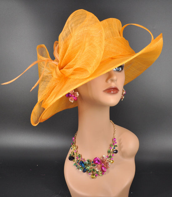 Wide Brim DerbyFloppy Sinamay Hat With Flowers Millinery Church Hat Orange