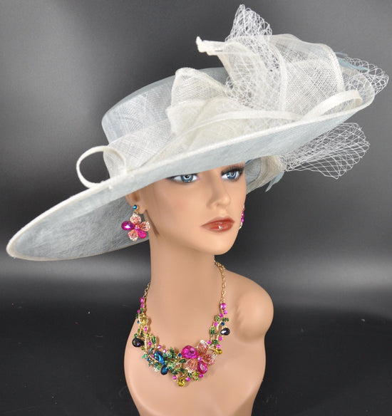 Wide Brim Kentucky Derby Hat, Ascot Hat for Wedding & Tea Party, Garden Party Hat, Mother of the Bride, Church Powder Blue White